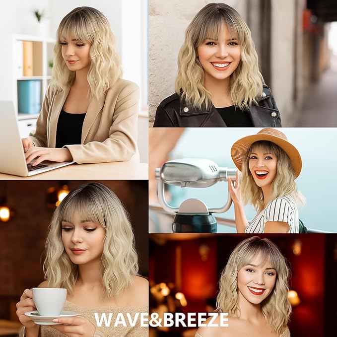 WAVE&BREEZE Blonde Wig with Bangs Short Wavy Bob Wigs for Women Natural Looking Ombre Blonde Hair Replacement Wigs Shoulder Length Daily Party Cosplay Costume Halloween Hair
