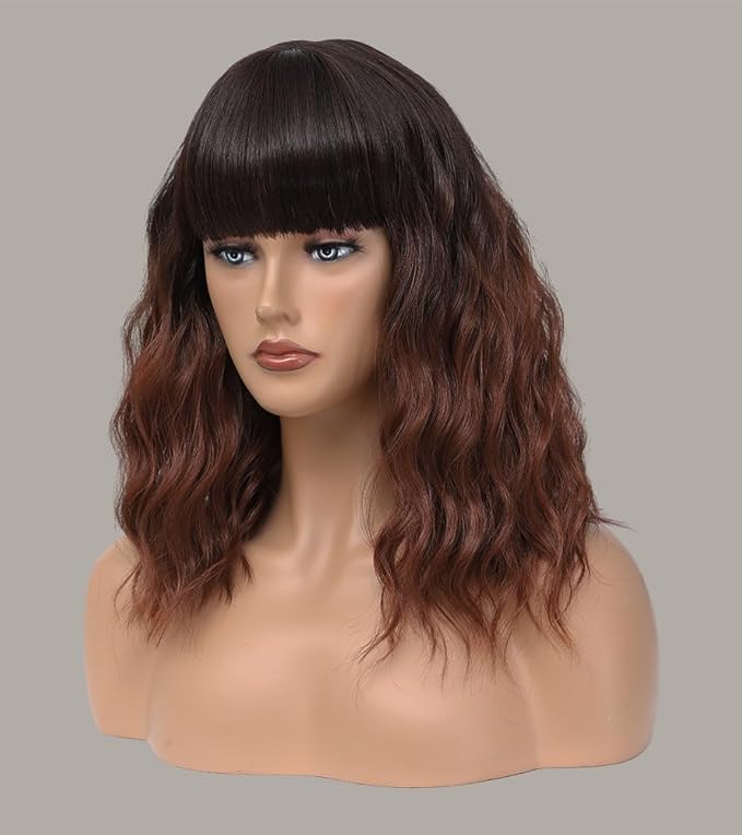 WAVE&BREEZE Short Auburn Wigs with Bangs 14Inch Ombre Auburn Curly Bob Wig for Women Shoulder Length Natural Looking Hair Replacement Wig for Daily Party Use Cosplay Costume Halloween Wig
