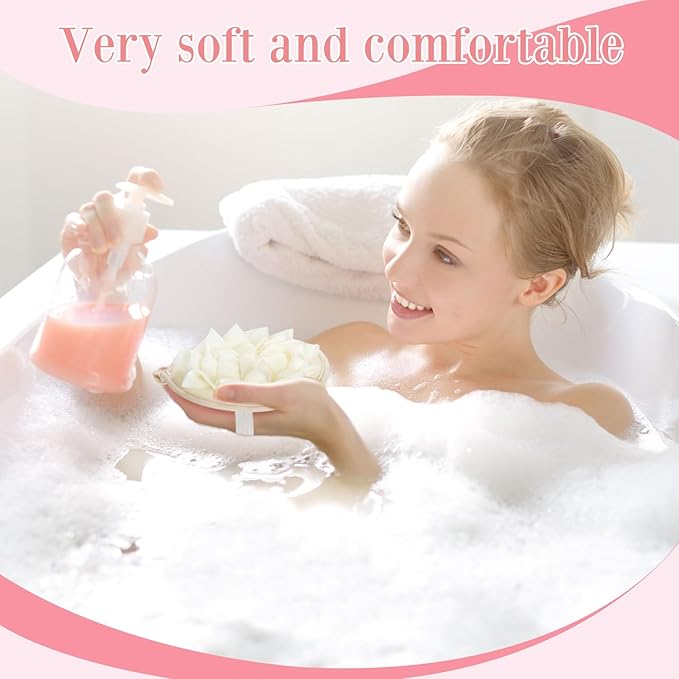 Boao 6 Pcs Bath Shower Pouf Sponge Mesh Pouf Shower Ball Exfoliating Body Sponge Pad Scrubber Glove with Flower Bath Ball (Khaki,Dark Brown,Beige)
