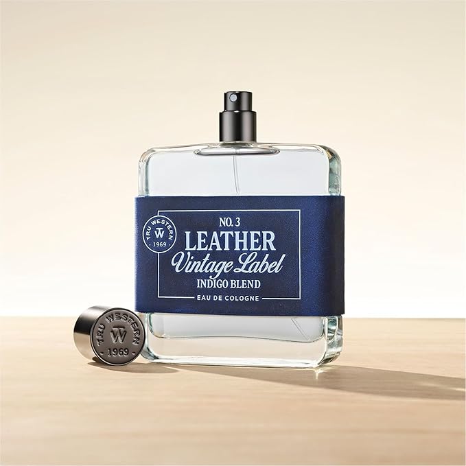Leather No. 3 by Tru Western, Vintage Label Indigo Blend, 3.4 fl oz (100 ml), with Notes of Velvety Citrus, Blue Vetiver, Wild Lavender, and Sueded Sandalwood, Clean, Smooth, Masculine Fragrance