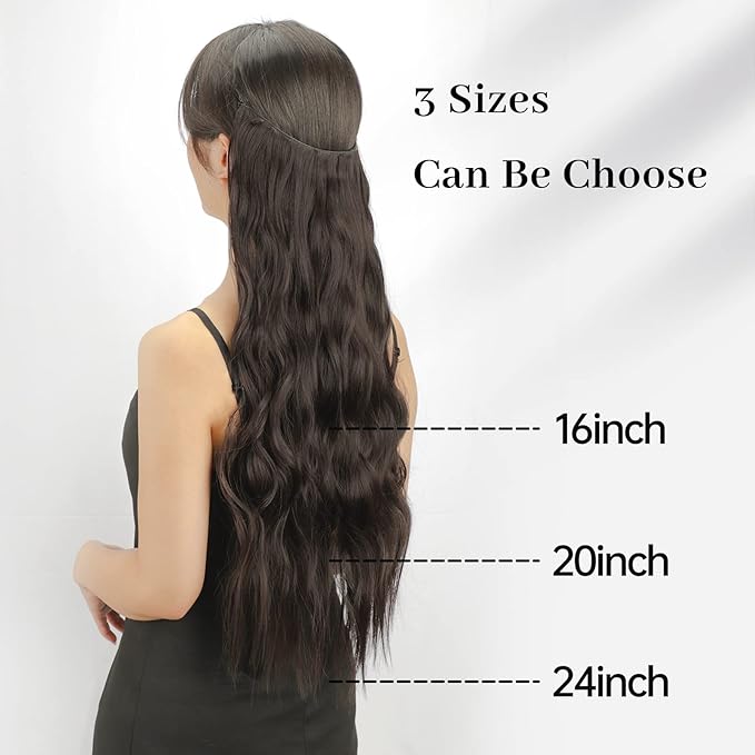 KooKaStyle Invisible Wire Hair Extensions with Transparent Headband Adjustable Size 4 Secure Clips Long Wavy Secret Wire Hairpiece 16 Inch Dark Walnut Brown for Women