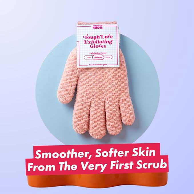 Handmade Heroes Tough Love Exfoliating Gloves – 2pc Reusable Body Scrub Washcloth Mitt for Shower, Bath & Spa, Dead Skin Remover, Ingrown Hair & Self-Tan Exfoliator, Shower Accessories for Smooth Skin