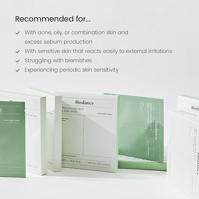 BIODANCE Refreshing Sea kelp Real Deep Mask, Overnight Hydrogel Mask, Calming, Oil & Sebum Control, Blemish Care, Korean Skincare, Stocking Stuffers for Teen Girls | 1.19oz(34g) x 4ea