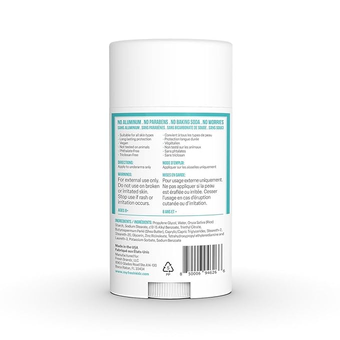 Fresh Kidz Deodorant Stick for Kids and Teens - Baking Soda and Aluminum-free 24 Hour Protection for Sensitive Skin - Unscented "Green", 2.65 oz / 75 g