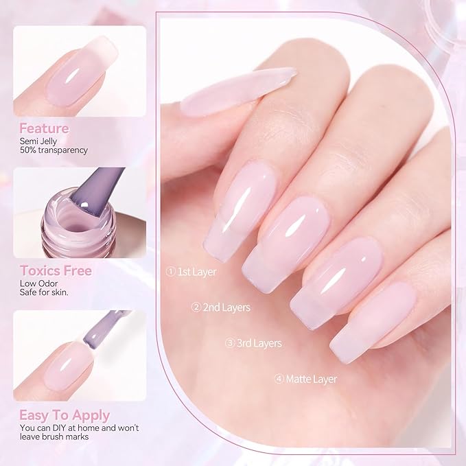 Born Pretty Jelly Gel Nail Polish,Soft Mist Pink Purple Sheer Crystal Translucent Gel Nail, Gel Polish Soak Off LED U V Nail Gel, Nail Art DIY for Home Salon Manicure 15ML