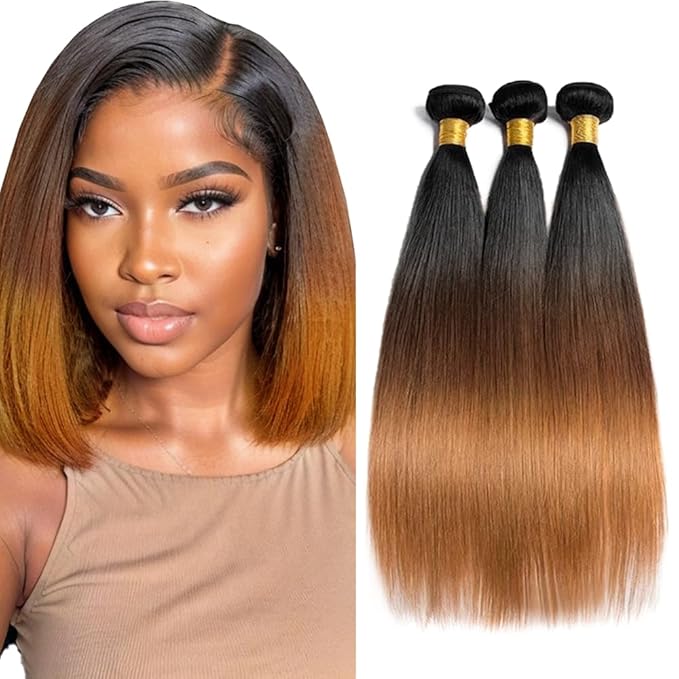 Omber Brown Bundles Human Hair #4 Straight Bundles 12 14 16 inch 3 Tone Black Roots to Brown Bundle