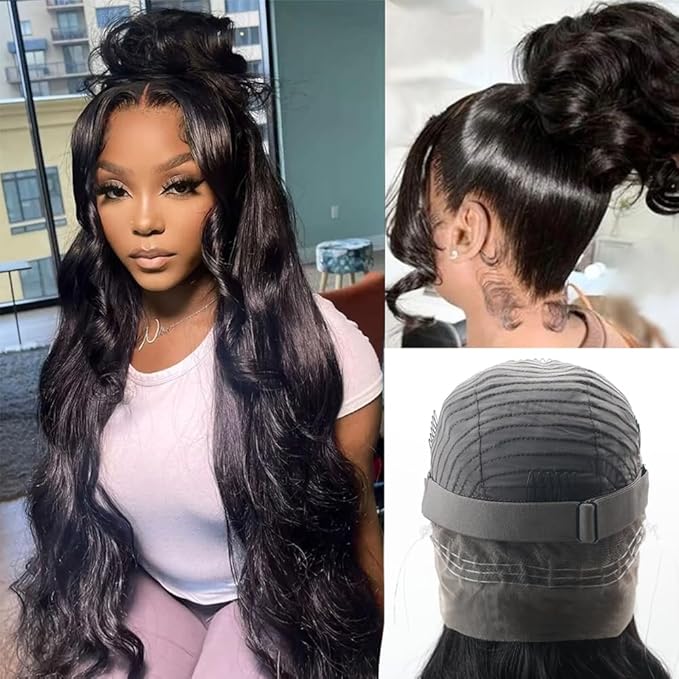 Hidden Strap 360 Lace Front Wigs Human Hair 220% Density Body Wave HD Lace Front Wigs with Drawstring 360 Full Lace Wigs for Women Pre Plucked with Baby Hair Natural Black 34 Inch