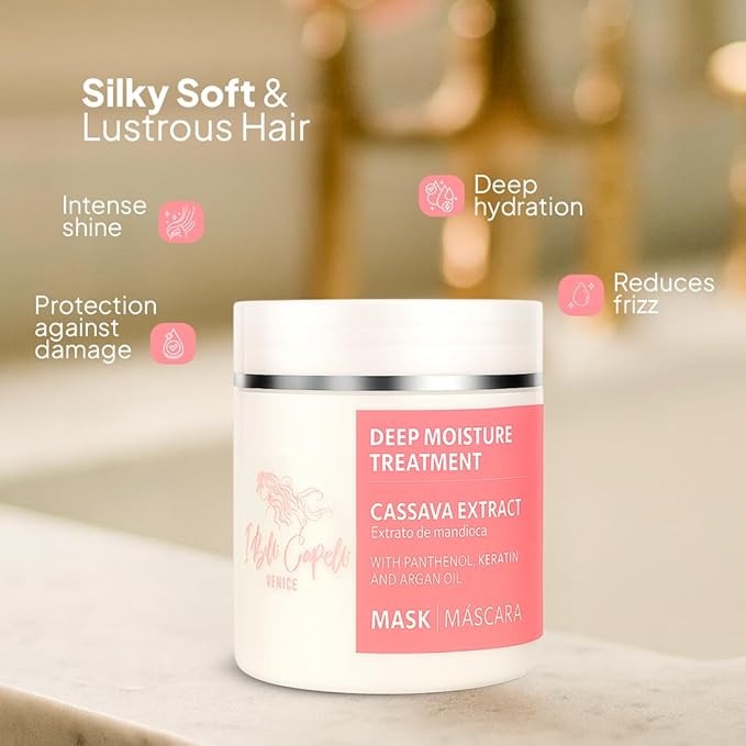 I Belli Capelli Venice Cassava Extract & Argan Oil Hair Mask - Anti-Frizz Keratin Hair Treatment for Dry Damaged Hair - Anti Breakage Hair Products for Women, Moisturizing, Repairing - 2x 17.6oz