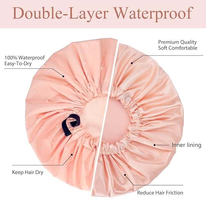 Aquior Shower Cap,Extra Adjustable Shower Caps for Women Double-Layer Waterproof Reusable Hair Cap, Large Hair Cap for All Hair,for Girls Spa Bath,Soft Large for Women Long Hair(Champagne)