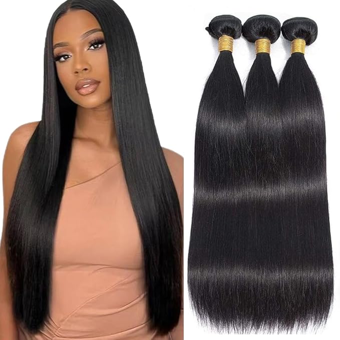 Freiuoke Straight Bundles Human Hair Double Weft for Women Unprocessed Brazilian Virgin Hair Extensions Natural Black 14 16 18 Inch 3 Bundles 150g