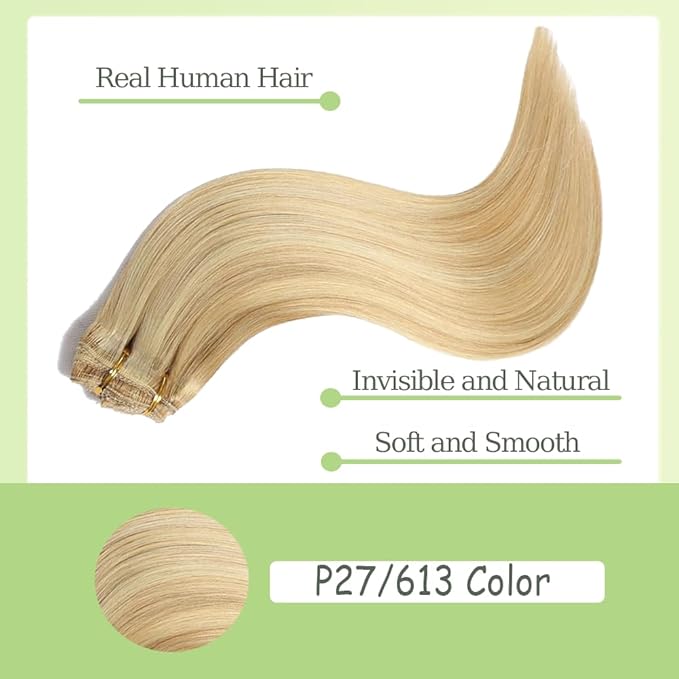 16 Inch P27/613 Blonde Clip in Hair Extensions - Real Remy Human Hair, 120g 7pcs, Highlight Blonde Human Hair Extensions Clip ins for Women
