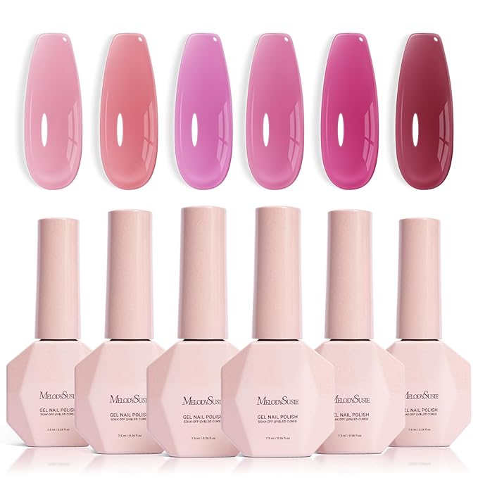 MelodySusie Jelly Gel Nail Polish Set,6 Transparent Colors,Milky or Jelly Texture,Romantic and Lovely Pink Colors Soak Off UV LED Light Cure or Salon Manicure and Nail Art DIY at Home