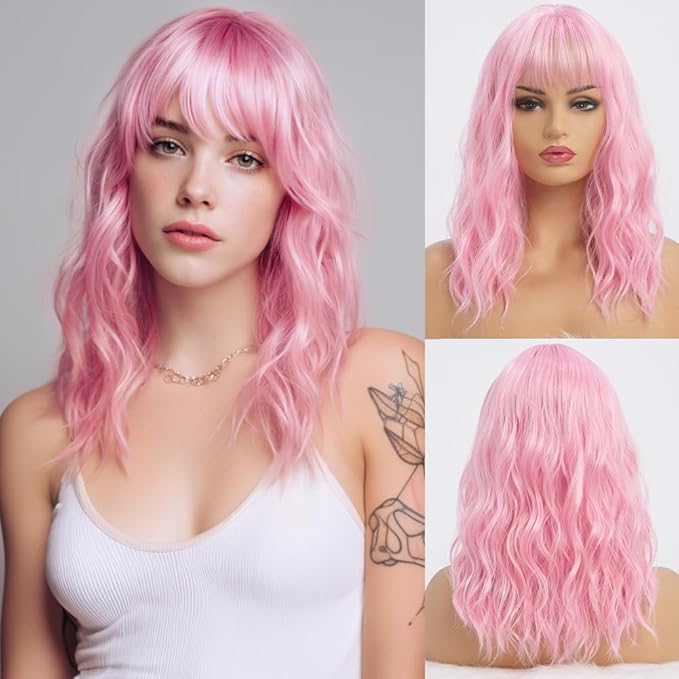 Wavy Long Pink Wigs for Women with Bangs Medium Middle Length Pink Wig with Water Wave Fringe Synthetic Heat Resistant Hair Wig for Halloween Costume Cosplay Anime Daily Party Use (16inch)