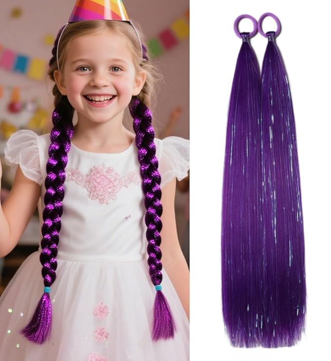 Purple Hair Extensions for Braids Ponytail Extension 2 Packs, 20 inch Crazy Hair Day Accessories for Women, DIY Festival Wacky Rave Braids,Tinsel Mixed