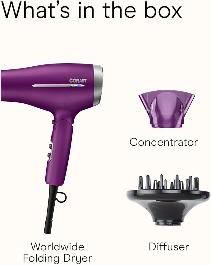 Conair Worldwide Folding Handle Hair Dryer with Concentrator & Diffuser, 1875W Travel Blow Dryer with Smart Voltage Technology, Ionic Conditioning Fights Frizz, 3 Heat & 2 Speed Settings, Purple