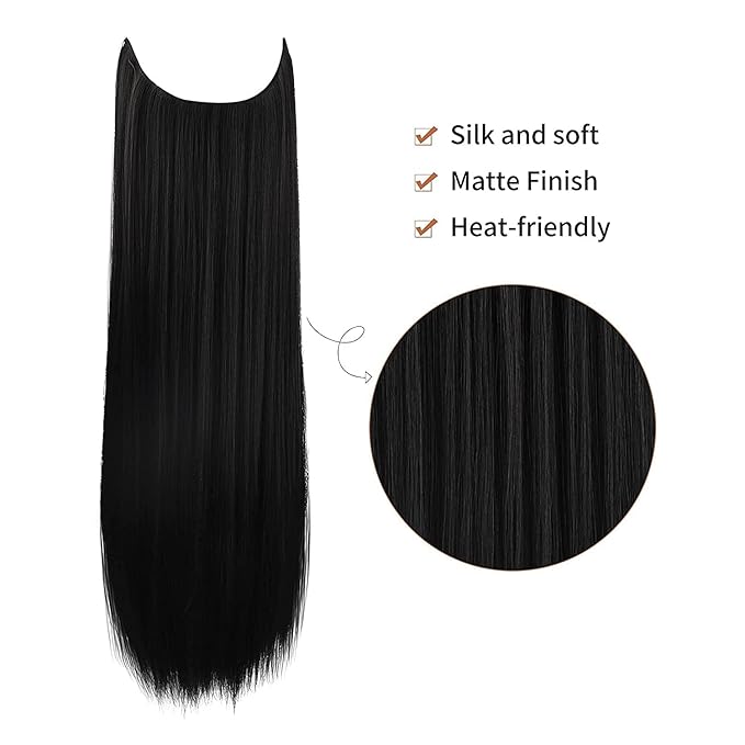 REECHO Invisible Wire Hair Extensions with Transparent Headband Adjustable Size Removable Secure Clips in Straight Secret Hairpiece for Women (16 Inch (Pack of 1), Black Brown)