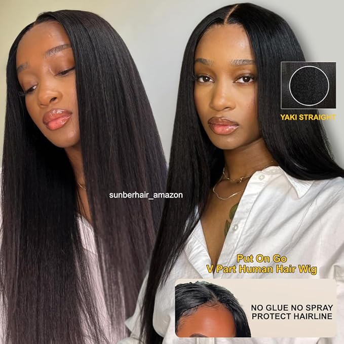 Sunber Yaki Straight V Part Human Hair Glueless Wig Upgrade U Part Wig No Leave Out Vpart light yaki straight Machine Made Clip In Half Wigs No Leave Out Real Scalp V Shape 150% Density 26Inch