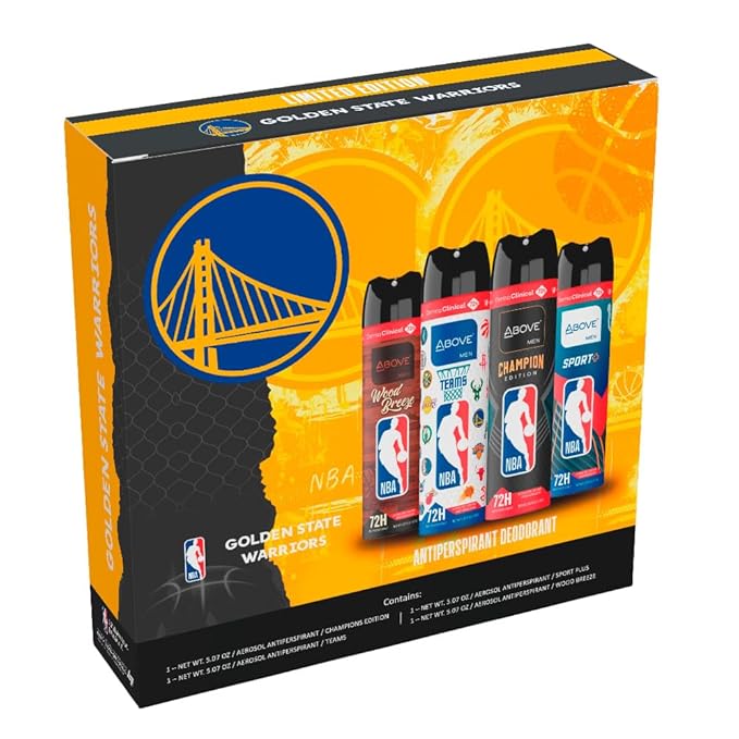 Above NBA – GOLDEN STATE WARRIORS Deodorant Gift Set – A Giftable Set for WARRIORS Fans – Antiperspirant Spray, 4 Signature Scents, 72h Protection, Dry Spray, No Stains – 5.07 oz, Pack of 4