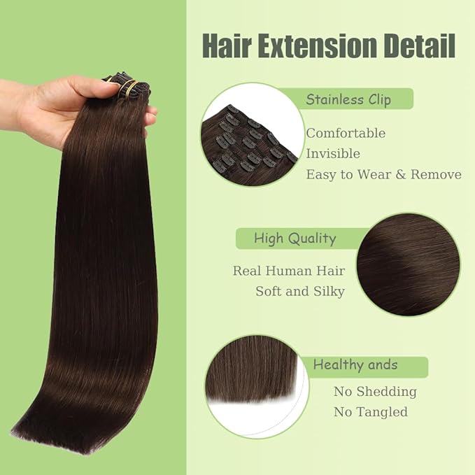 24 Inch #4 Brown Clip in Hair Extensions - Real Remy Human Hair, 120g 7pcs, Chocolate Brown Human Hair Extensions Clip ins for Women