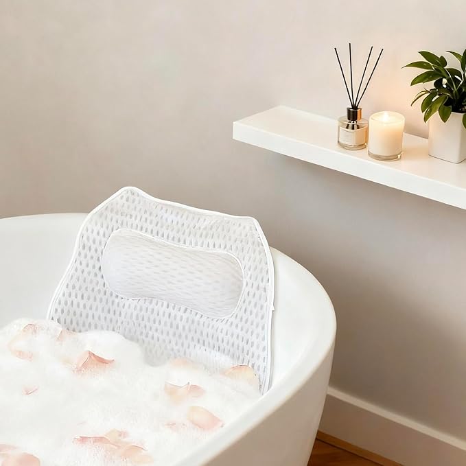 Bath Pillow with 48 Strong Suction Cups - 4D Air Mesh Bathtub Pillow for Neck, Head, Shoulder & Back Support - Extra Thick, Quick-Drying Spa Pillow with Built-in Hook(White)