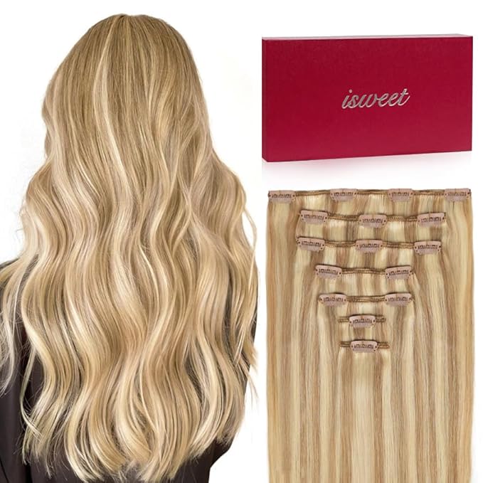 7Pcs Clip in Hair Extensions Real Human Hair, 20 Inch 110g P16/22 Light Blonde Highlighted Golden Blonde Soft Real Human Hair Extensions Clip ins, Double Weft Hair Extensions Real Human Hair for Women