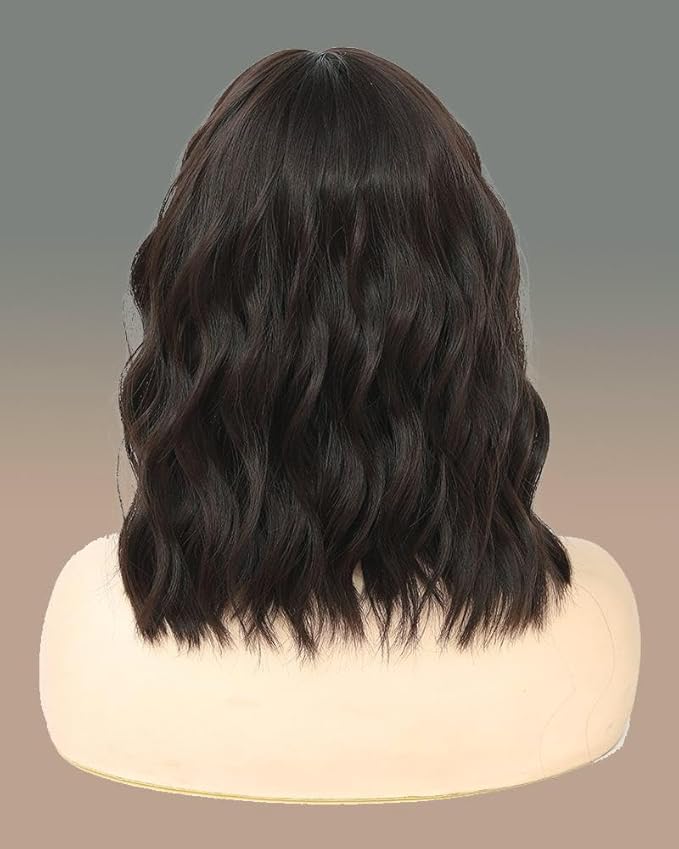 WAVE&BREEZE Brown Wig with Bangs Short Wavy Bob Wigs for Women 14 Inch Shoulder Length Natural Looking Synthetic Hair Replacement Wigs for Cosplay Party Use