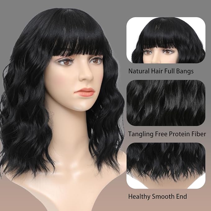 WAVE&BREEZE Short Black Bob Wigs with Bangs for Women 14Inch Curly Natural Looking Synthetic Hair Wig for Daily Party Costume