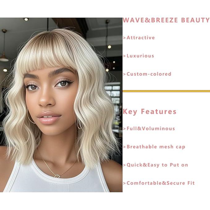 WAVE&BREEZE Short Platinum Blonde Wigs with Bangs 14Inch Wavy Curly Bob Hair Wig for Women Shoulder Length Natural Looking Hair Replacement Wig for Daily Party Cosplay Costume Halloween