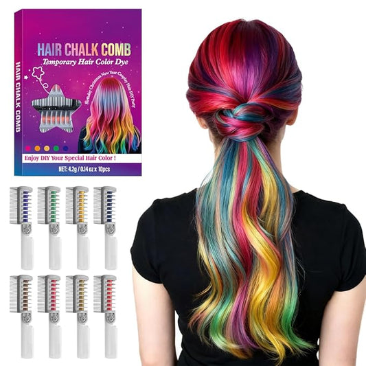 Festive Fun Hair Chalk Combs, 2026 DIY Temporary Hair Color, Colors Instant Hair Color Comb For All Ages For Birthday Party, Christmas Cosplay (10 Colors)