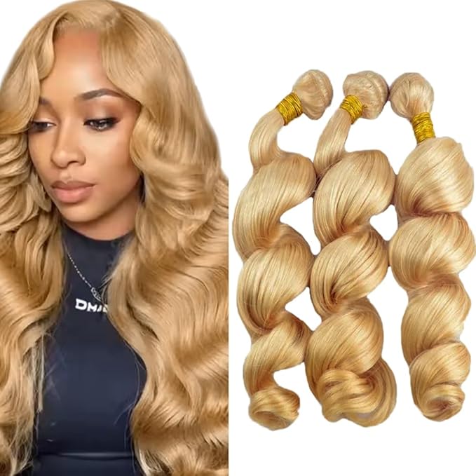 30 32 34 Inch Blonde Bundles Color 27 Loose Wave Bundle Human Hair 3 Bundles Brazilian Virgin Remy Hair Honey Blonde Bundle Hair Weave 150g