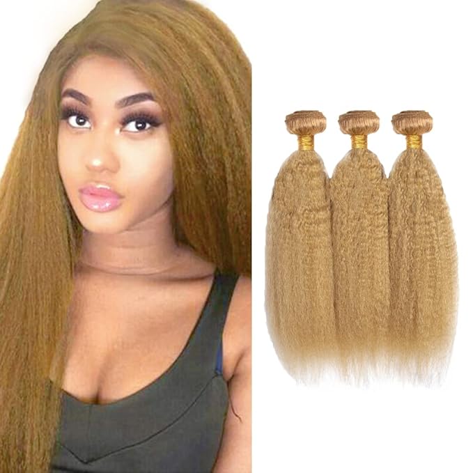 27 Bundles Human Hair Honey Blonde Bundles 27 Blonde Kinky Straight Bundles 24 26 28 Inch Peruvian Virgin Remy Hair 3 Bundles Color #27 Kinky Straight Bundles 50g Gram Per Bundle