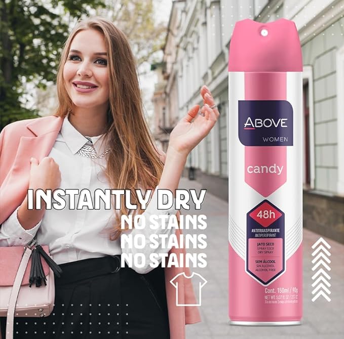 ABOVE Candy - 48 Hours Antiperspirant Deodorant Set for Women - Dry Spray Protects Against Sweat and Body Odor - Leaves No White Marks - Delicate Scent - Cruelty and Alcohol Free - 4 pc