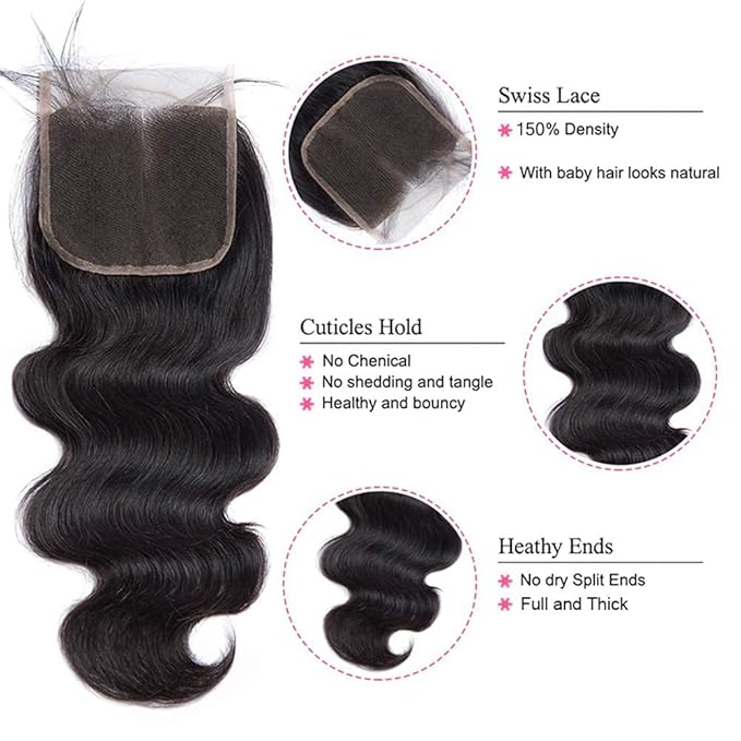 Body Wave 3 Bundles with Closure 100% Unprocessed Brazilian Body Wave Human Hair Weave with 4x4 Free Part Lace Closure Natural Color (22 24 26+20, Bundles with Closure)