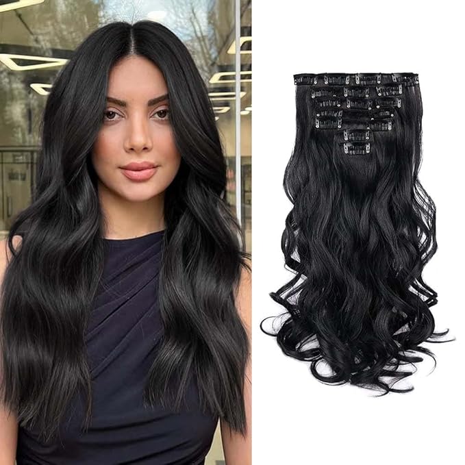 Gx Beauty 16 Inch Clip In Hair Extensions 7 PCS Long Wavy Synthetic Black Hair Extension & Natural Soft Invisible Clip Thick Hairpieces for Women Daily(16Inch, 7pcs, Black)