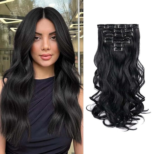 Gx Beauty 16 Inch Clip In Hair Extensions 7 PCS Long Wavy Synthetic Black Hair Extension & Natural Soft Invisible Clip Thick Hairpieces for Women Daily(16Inch, 7pcs, Black)