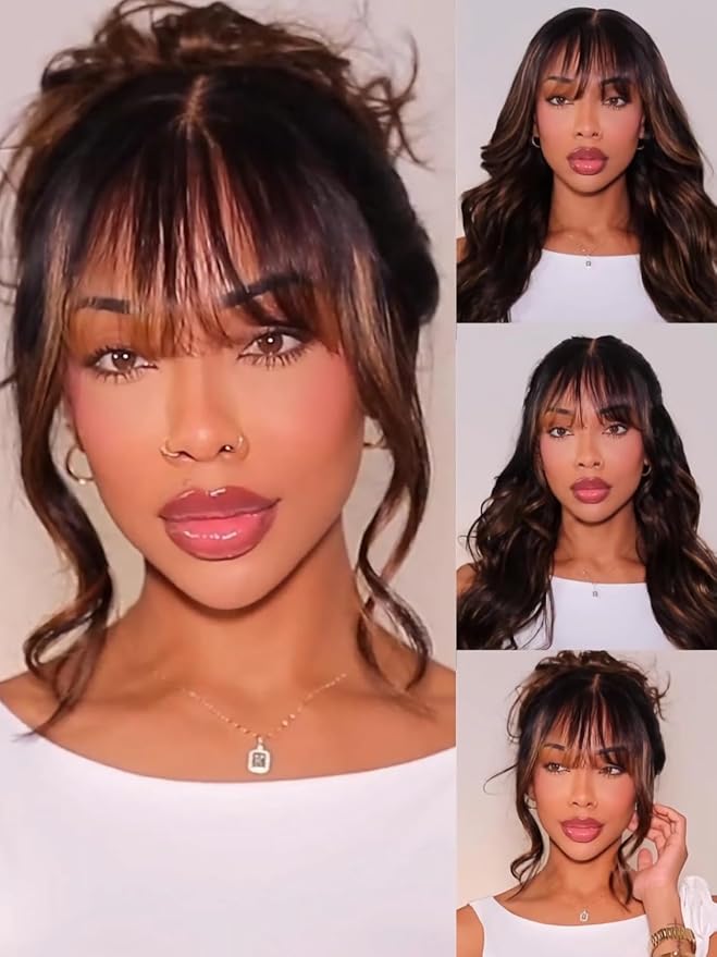 Julia Hair Pre Everything Glueless 13x4 HD Lace Front Wigs Human Hair Pre Plucked Pre Cut Balayage Highlight Body Wave Curtain Bangs Bye Bye Knots Drawstring Wigs Ready to Wear Frontal Wig 24 Inch