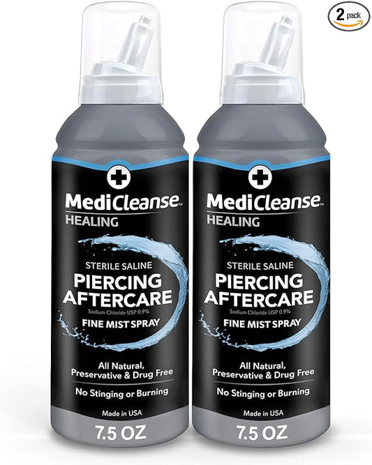 MediCleanse Sterile Saline Piercing Aftercare Fine Mist Spray, 7.5 Ounce, All Natural, No Alcohol, Vegan Friendly, for Piercings and Tattoos, Made in USA, Pack of 2