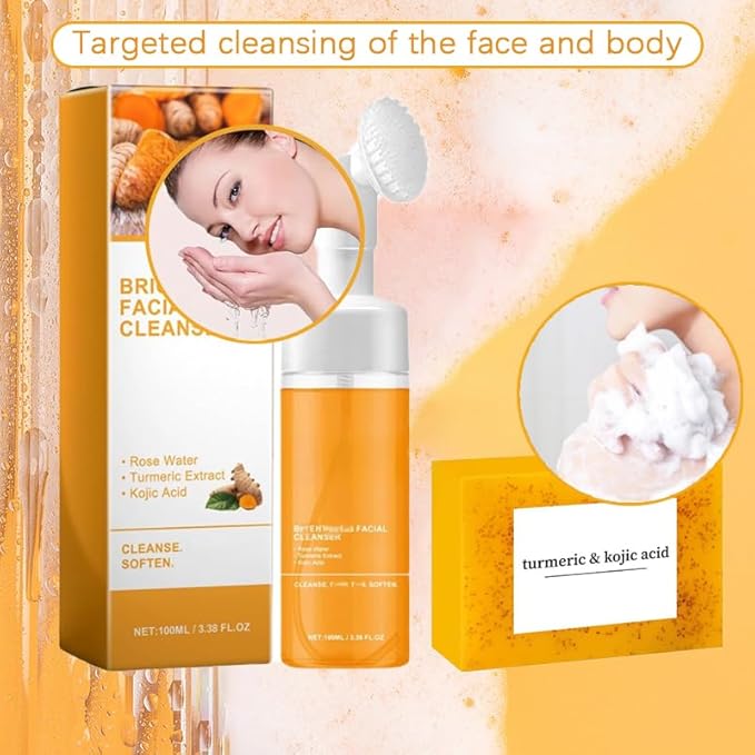Turmeric Wash and Care Four Piece Set, Tuemeric Facial Cleanser & Turmeric Soap Combo, Turmeric Cleansing Mousse, Face Wash and Soap Bundle for Face & Body Deep Cleansing (1pc Turmeric Wash+3pc Soaps)