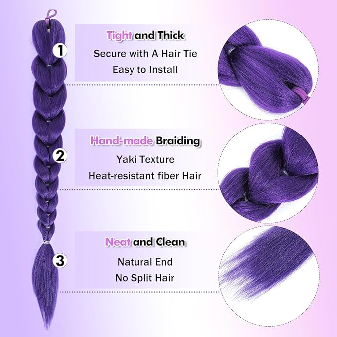 24 inch Purple Braids Ponytail Hair Pre Braiding Hair with Tie Synthetic Purple Hair Extensions for Halloween Costume Cosplay（24inch Braids Ponytail）