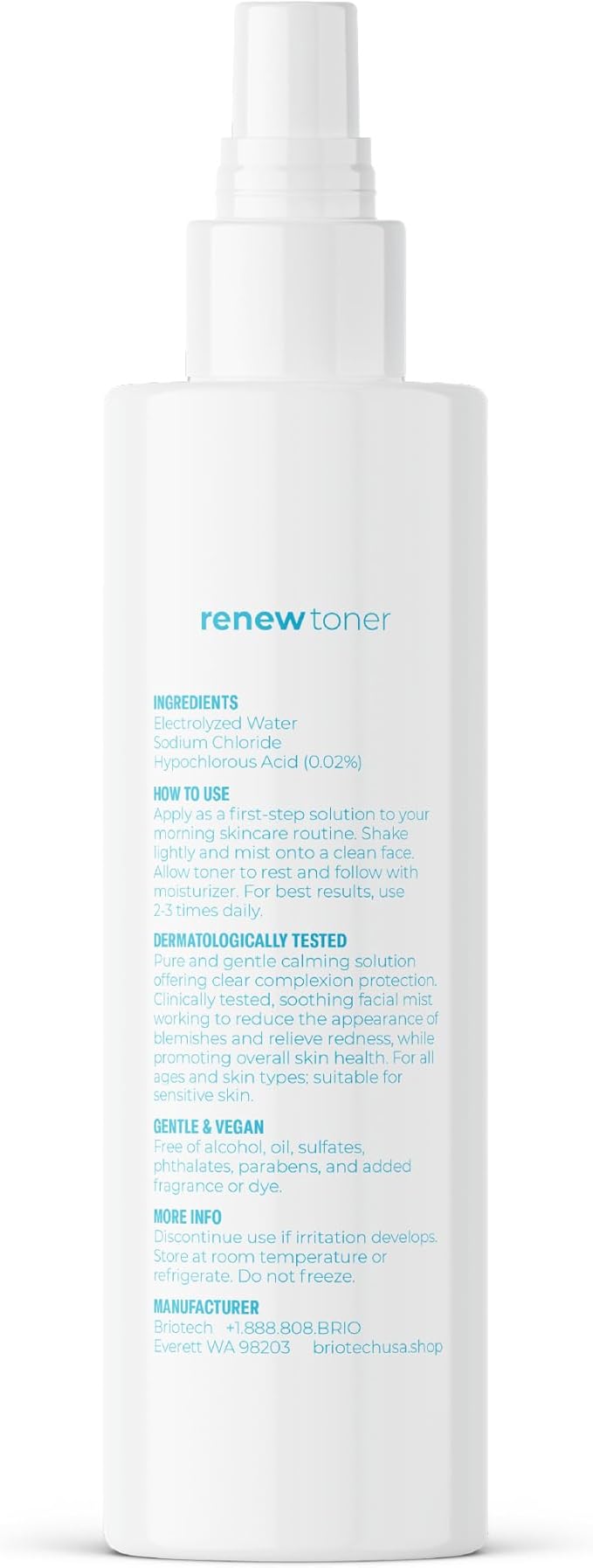 BRIOTECH Renew Toner, Hypochlorous Acid Spray, Minimize Appearance of Blemishes, Soothing Facial Mist for Sensitive Skin, Calm Redness & Bumps, Vegan, 4 fl oz (2 Pack)