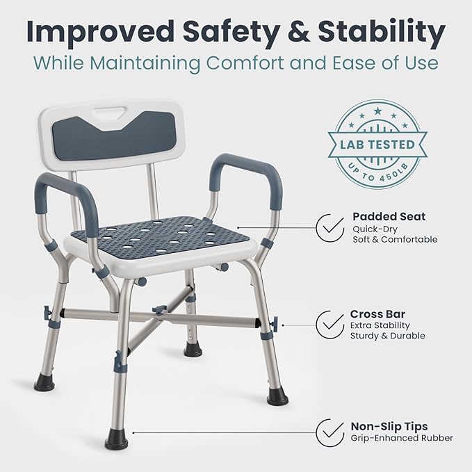 Shower Chair (450lb) with Padded Armrests and Back, Showers Chair for Elderly and Disabled, Adjustable Height Shower Seat, Heavy Duty Shower Chairs for Inside Shower, Handicap - Grey
