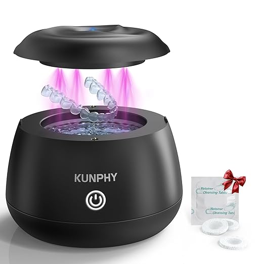 KUNPHY 2026 Ultrasonic Retainer Cleaner Machine, 48kHz Dental Cleaning Pod for Braces, Night Guard, Mouthguard, Toothbrush, Jewelry, 7Oz Denture Cleaner Machine