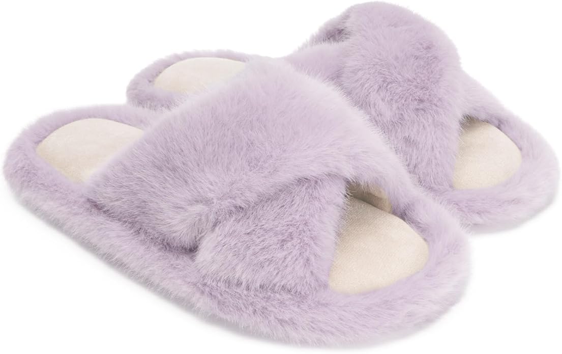 Chantomoo Womens Slippers Memory Foam Fuzzy Cross Band Faux Fur Slippers for Women Gift