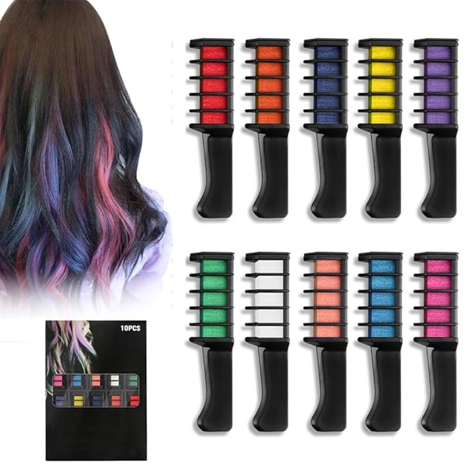 Festive Fun Hair Chalk Combs, 12 Colors Instant Washable Hair Color Comb for Girls Women, Temporary Hair Color Dye for Hair DIY Party Christmas Birthday Gifts (10 colors)