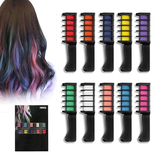 Festive Fun Hair Chalk Combs, 12 Colors Instant Washable Hair Color Comb for Girls Women, Temporary Hair Color Dye for Hair DIY Party Christmas Birthday Gifts (10 colors)
