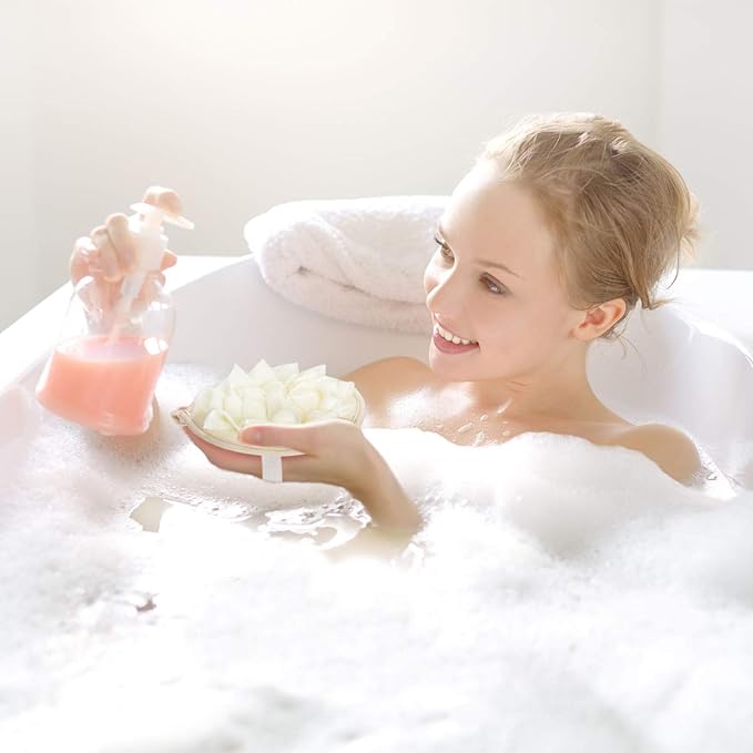 Boao 3 Pcs Bath Shower Pouf Sponge Mesh Pouf Shower Ball Exfoliating Body Sponge Pad Scrubber Glove with Flower Bath Ball (Beige)