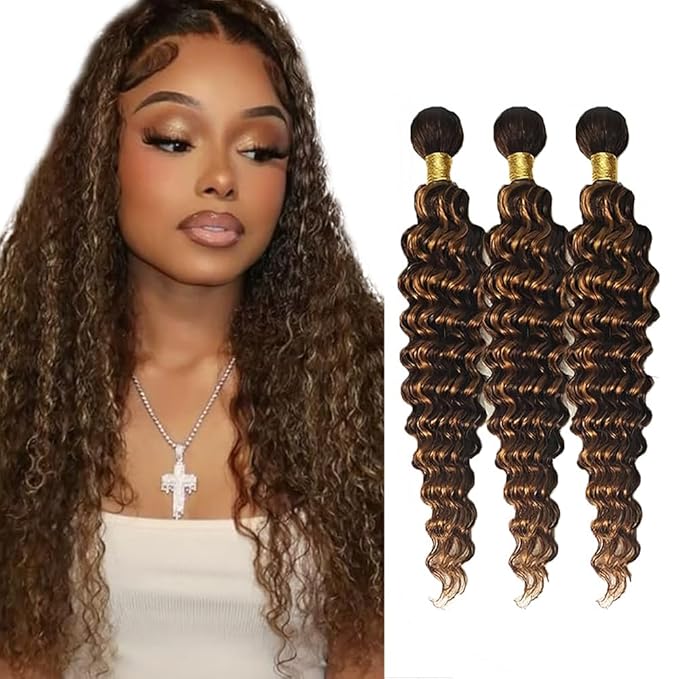 P430 Human Hair Bundles Highlight Deep Wave Bundles Ombre Brown Bundle 18 20 22 inch #4 and #30 Deep Wave Bundle 150g