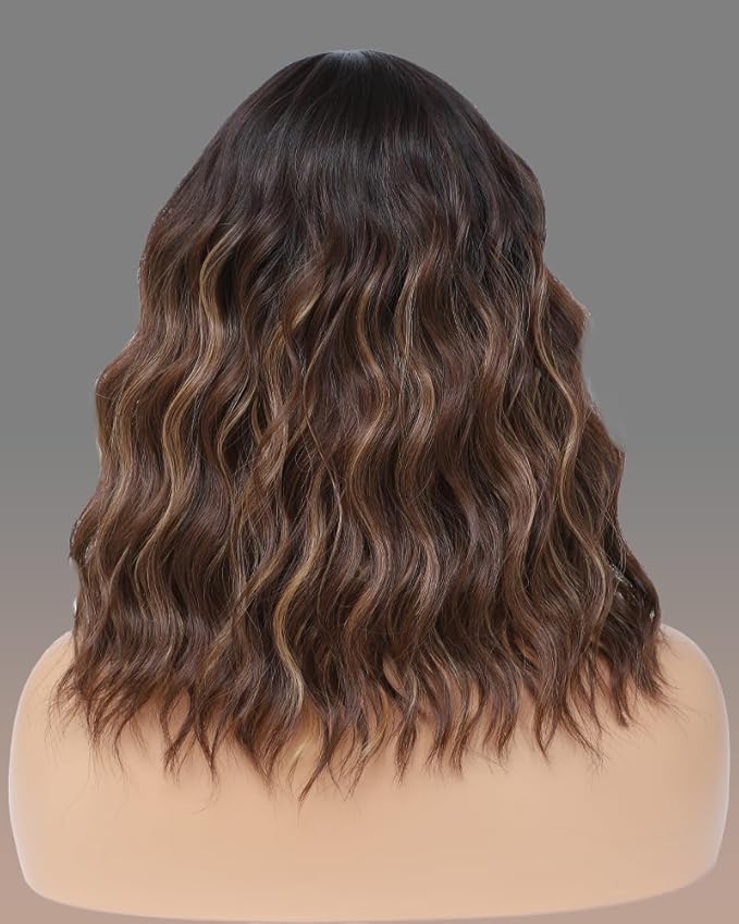 WAVE&BREEZE Brown Highlight Blonde Wig with Bangs Short Curly Bob Wigs for Women 14 Inch Shoulder Length Natural Looking Hair Replacement Wigs for Cosplay Party Use