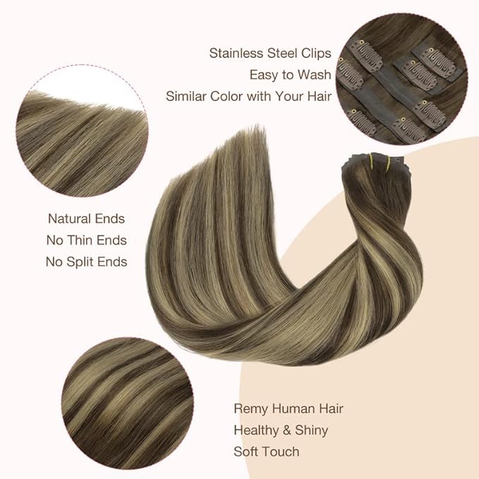 GOO GOO Clip in Hair Extensions Real Human Hair, Remy Human Hair Extensions Clip ins for Women, Natural Human Hair, 16inch 110g 7Pcs, 4/26/4 Balayage Chocolate Brown to Honey Blonde