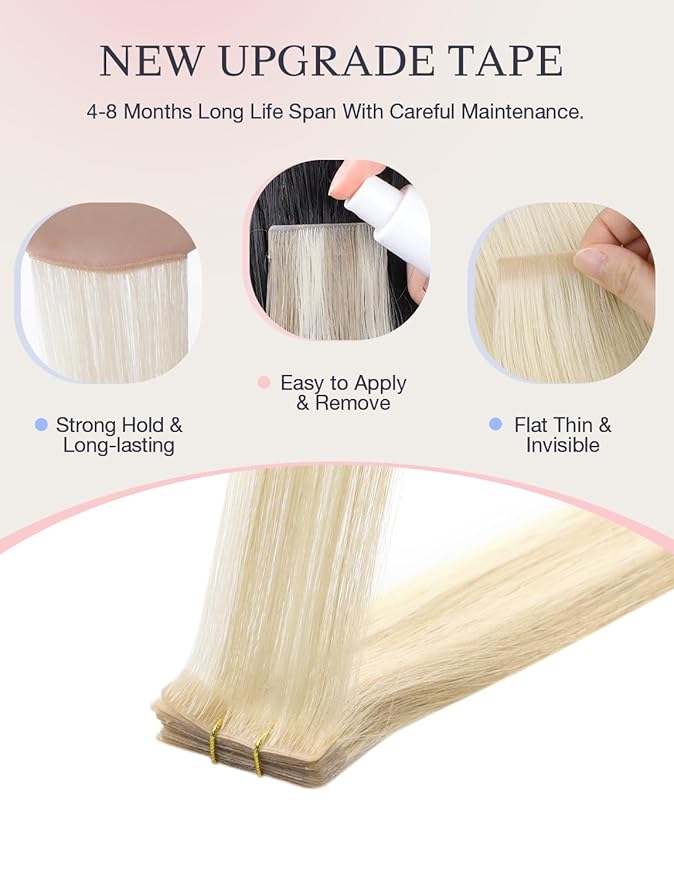 DOORES Invisi Edge Hair Extensions Tape in, Dark Blonde Highlighted Bleach Blonde 10 Injection Tape-ins with 10 Injection Tape-ins 50g 24 Inch, Injected Tape in Virgin Human Hair